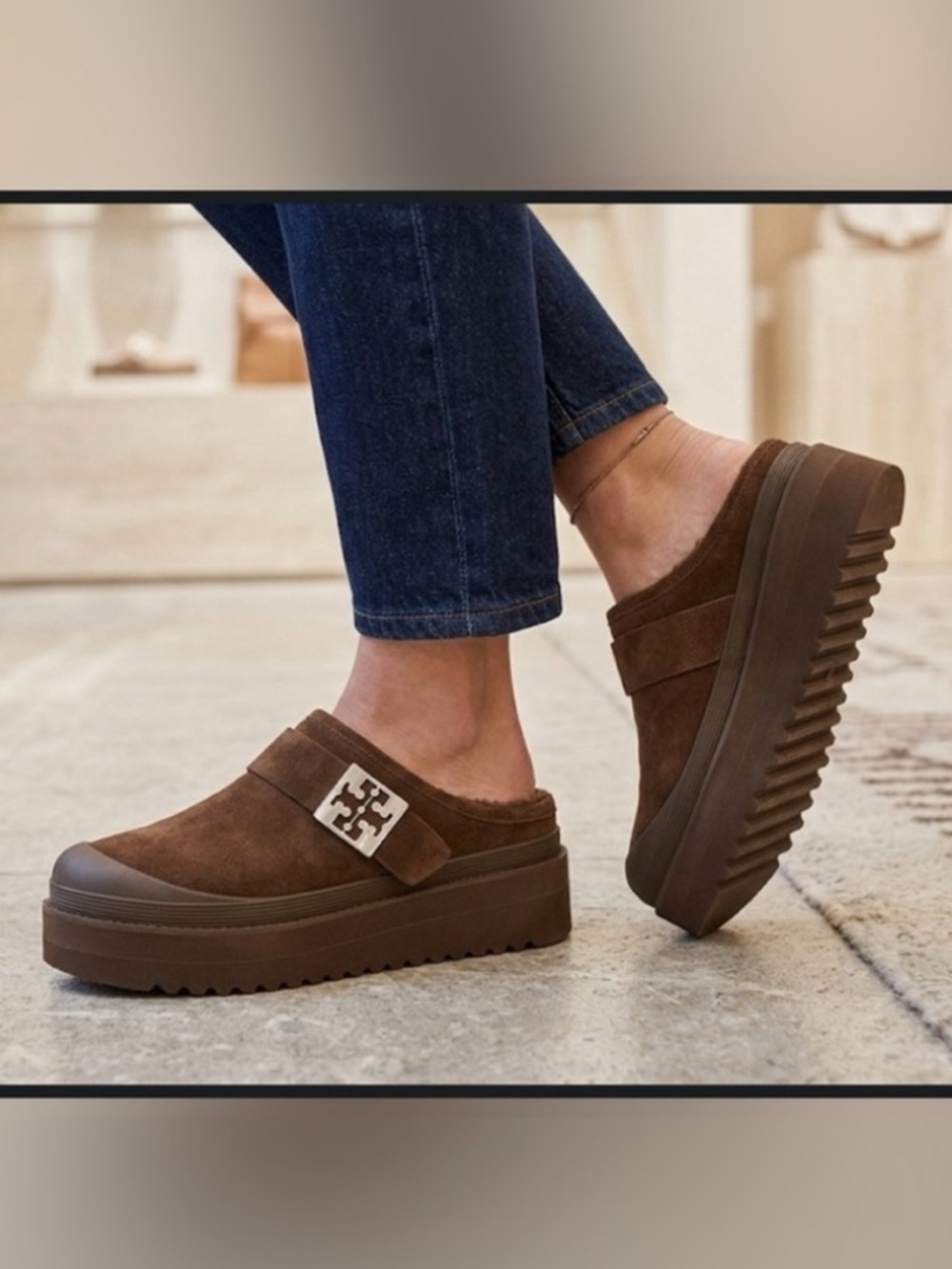 NWB TORY BURCH DARK COCOA BROWN Mellow Shearling Suede Platform Mules Size 7